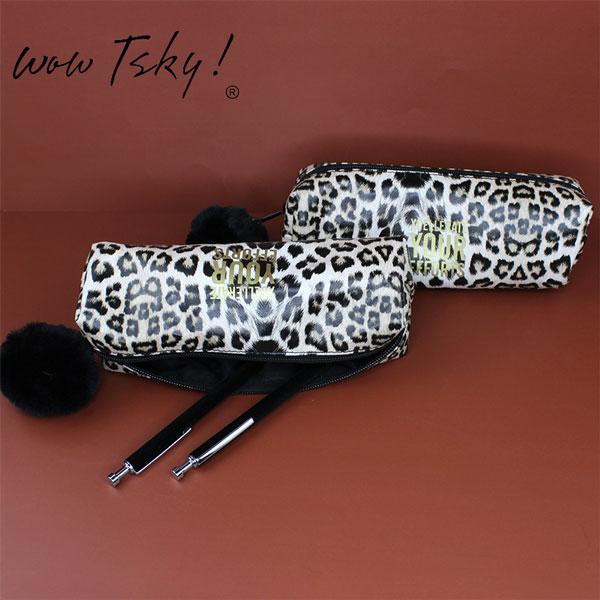 Fashion Leopard Print PU Pencil Bag with Hairball